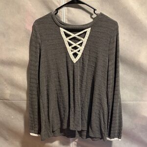 Doe & Rae Charcoal Gray Knit Top with White Lace-Up V-Neck